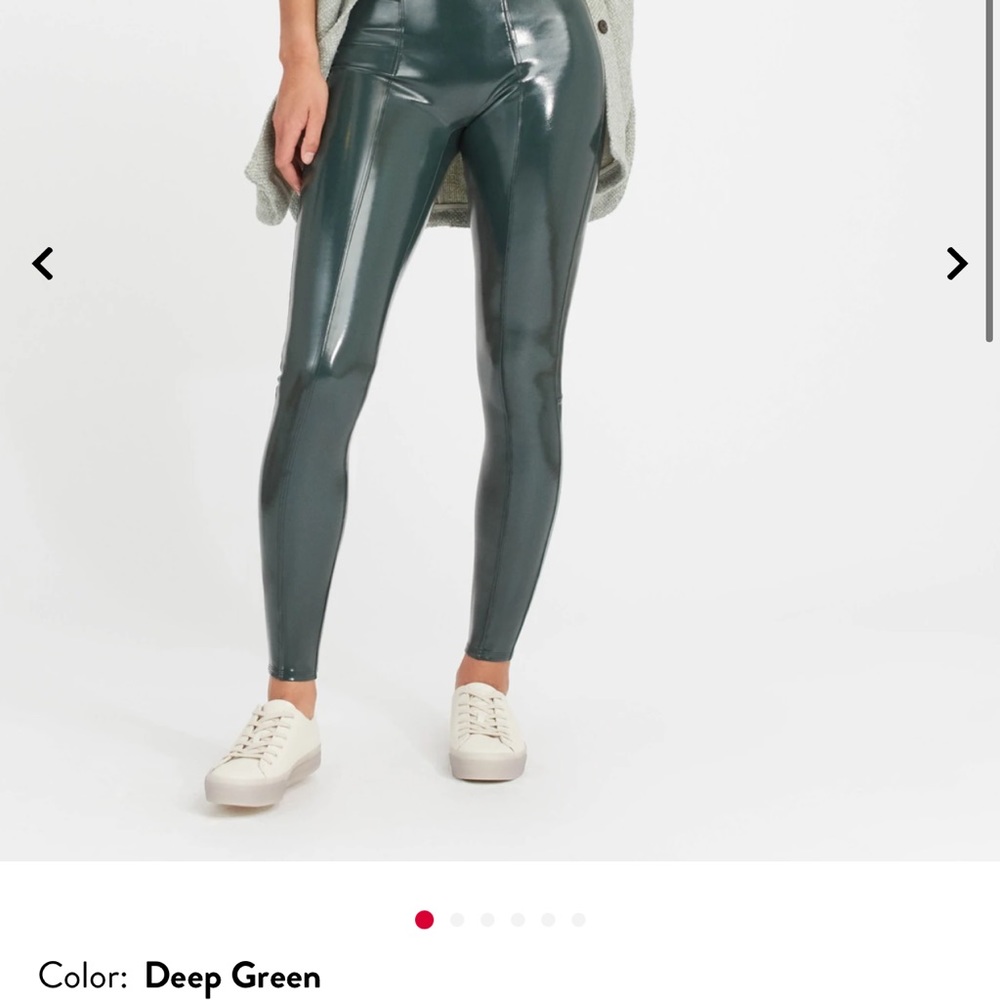 Deep green faux leather spanx leggings in medium petite